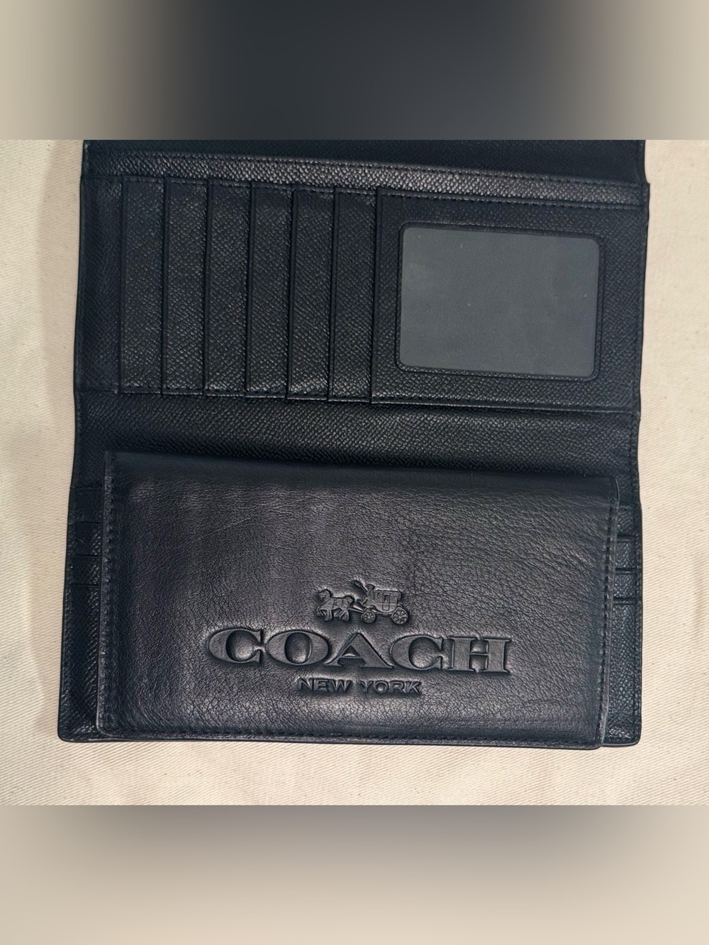 Vintage Coach New York Black Leather Trifold Wallet with Checkbook Cover